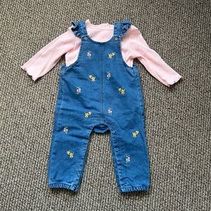 Little Me Blue embroidered Overalls with Pink Long Sleeve set NWT